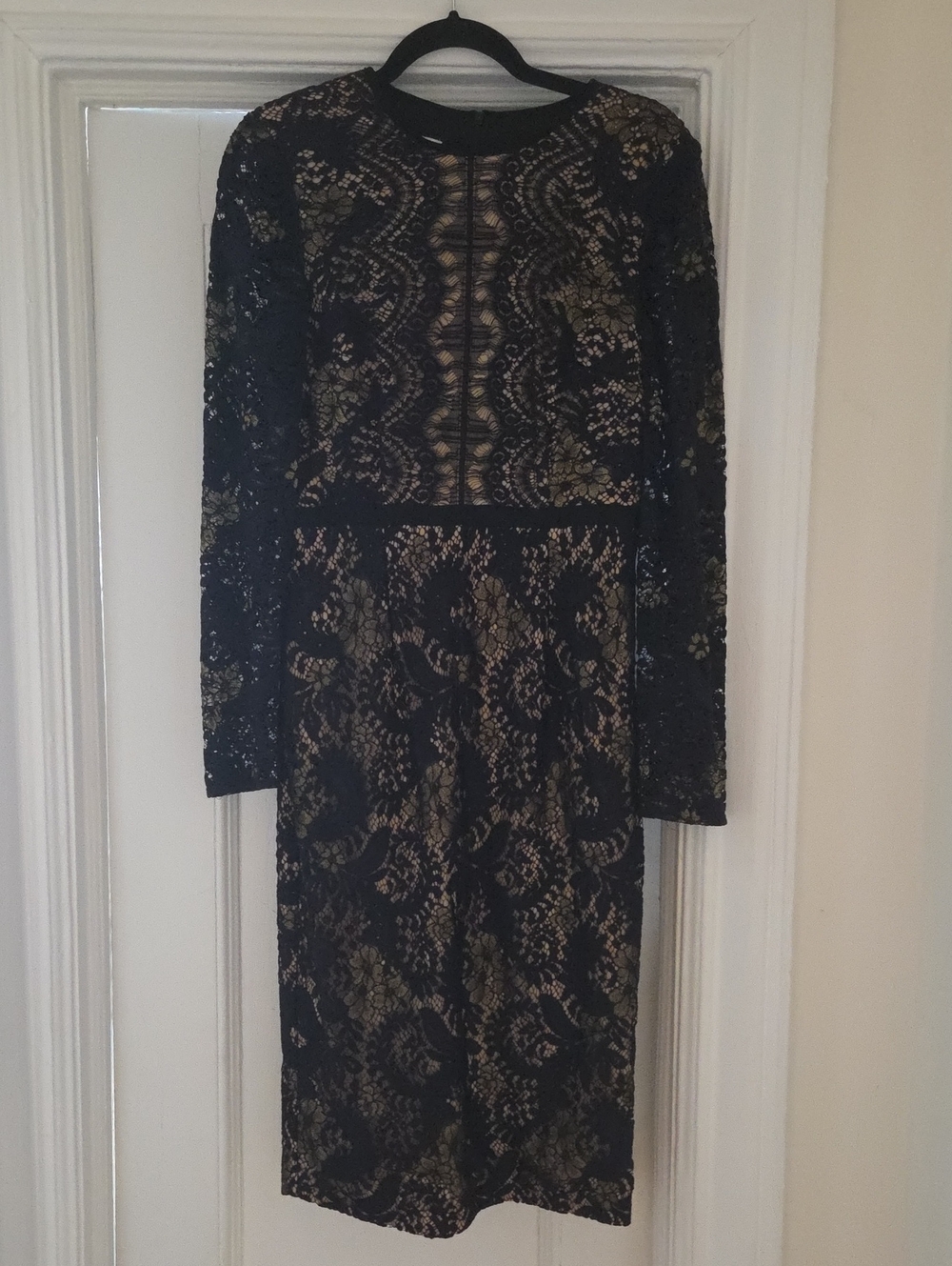 Maggy London Black Lace Long Sleeve Dress with Nude Underlay
